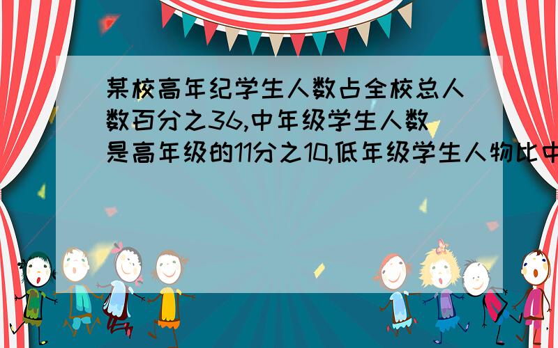 某校高年纪学生人数占全校总人数百分之36,中年级学生人数是高年级的11分之10,低年级学生人物比中年级少1人,全校共有学生多少人.清高手解答,我会加分低年级学生比中年级少16人我打错了