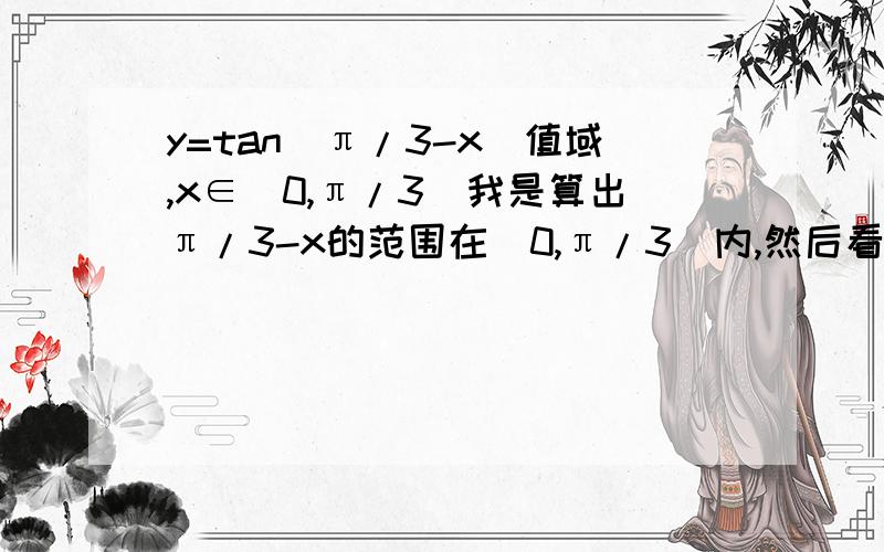 y=tan(π/3-x)值域,x∈[0,π/3]我是算出π/3-x的范围在[0,π/3]内,然后看图象值域是[0,根号3],但答案是(-无穷,-根号3]并[0,正无穷)你的答案和我的一样,