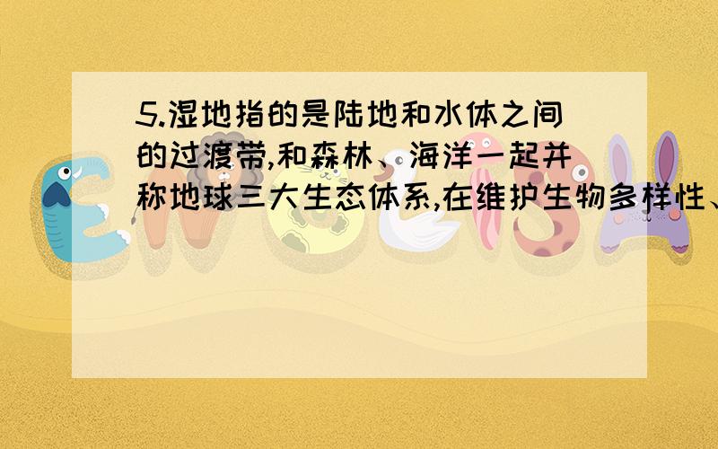 5.湿地指的是陆地和水体之间的过渡带,和森林、海洋一起并称地球三大生态体系,在维护生物多样性、调节气候,抵御洪水等方面起着重要作用.1998年那次长江大洪水让人们终于意识到湿地（尤