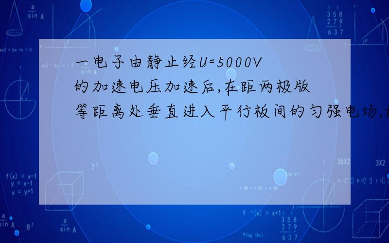 一电子由静止经U=5000V的加速电压加速后,在距两极版等距离处垂直进入平行板间的匀强电场,如图所是.若两板间间距d=1.0cm,板长l=5.0cm,那么要使电子能从平行板发出,两个极板最多能加多大电压