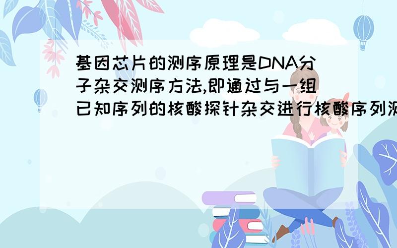 基因芯片的测序原理是DNA分子杂交测序方法,即通过与一组已知序列的核酸探针杂交进行核酸序列测定的方法.先在一块基片表面固定序列已知的八核苷酸的探针,当溶液中带有荧光标记的靶核