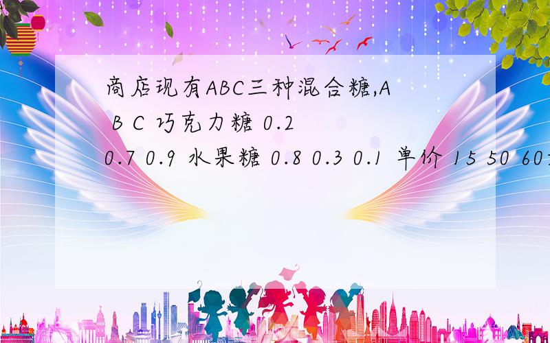 商店现有ABC三种混合糖,A B C 巧克力糖 0.2 0.7 0.9 水果糖 0.8 0.3 0.1 单价 15 50 60如果某单位要购买35千克混合糖,而且只买ABC三种混合糖中两种,使其中巧克力的含量要占到6成,请你替顾客设计一种