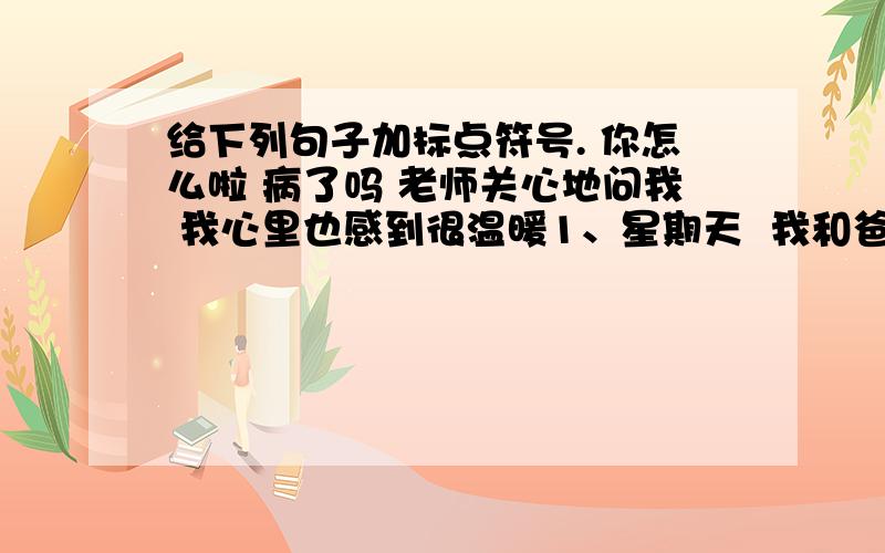 给下列句子加标点符号. 你怎么啦 病了吗 老师关心地问我 我心里也感到很温暖1、星期天  我和爸爸 妈妈 哥哥一起到动物园  我们看到了猴子 狮子 豹子2、奥林匹克五环标志是有5个奥林匹克