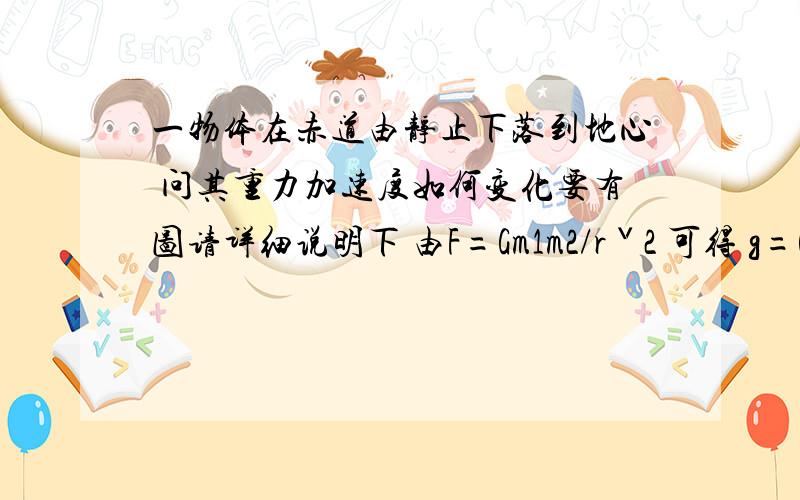 一物体在赤道由静止下落到地心 问其重力加速度如何变化要有图请详细说明下 由F=Gm1m2/rˇ2 可得 g=Gm1/rˇ2g和r成反比的嘛但是地心时地球各部分引力互相抵消，越靠近地心，抵消的越多其中哪