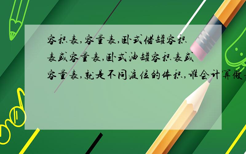 容积表,容量表,卧式储罐容积表或容量表,卧式油罐容积表或容量表,就是不同液位的体积,谁会计算做表?