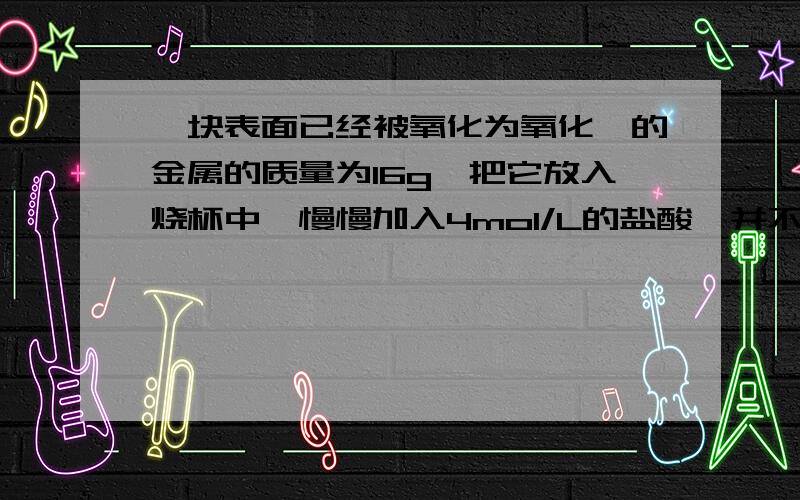 一块表面已经被氧化为氧化镁的金属的质量为16g,把它放入烧杯中,慢慢加入4mol/L的盐酸,并不断搅拌,当家到300ml时固体恰好全部溶解,在常温下放出气体1g.求：1.金属镁的纯度为多少?2.所得溶液