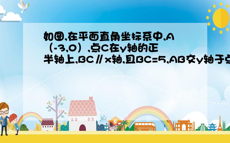 如图,在平面直角坐标系中,A（-3,0）,点C在y轴的正半轴上,BC∥x轴,且BC=5,AB交y轴于点D,．（1）求出C的坐标．（2）过A,C,B三点的抛物线与x轴交于点E,连接BE,若动点M从点A出发沿x轴正方向运动,同时