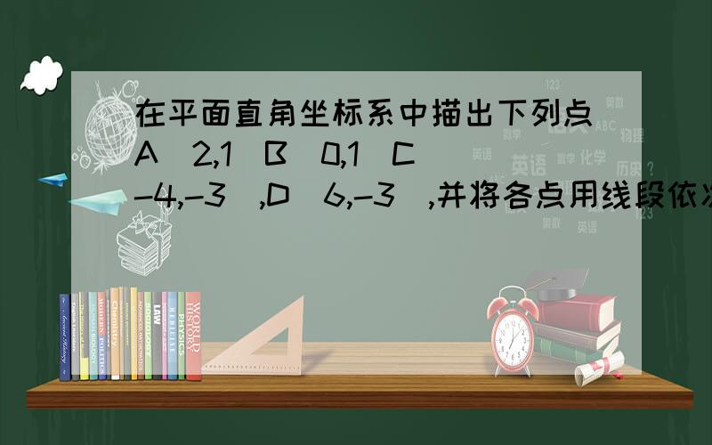 在平面直角坐标系中描出下列点A(2,1)B(0,1)C(-4,-3),D(6,-3),并将各点用线段依次连结构成一个四边形ABCD（1）四边形ABCD是什么特殊三角形.（2）在四边形ABCD中找一点P,使得△APB、△BPC、△CPD、△APD