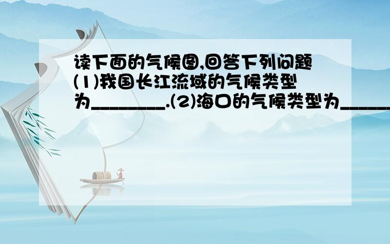 读下面的气候图,回答下列问题(1)我国长江流域的气候类型为________.(2)海口的气候类型为_______.(3)从图上可以看出,季风区内降水较多的几个月是_____ 季.气温较高的几个月是 ______季.(4)这种降雨