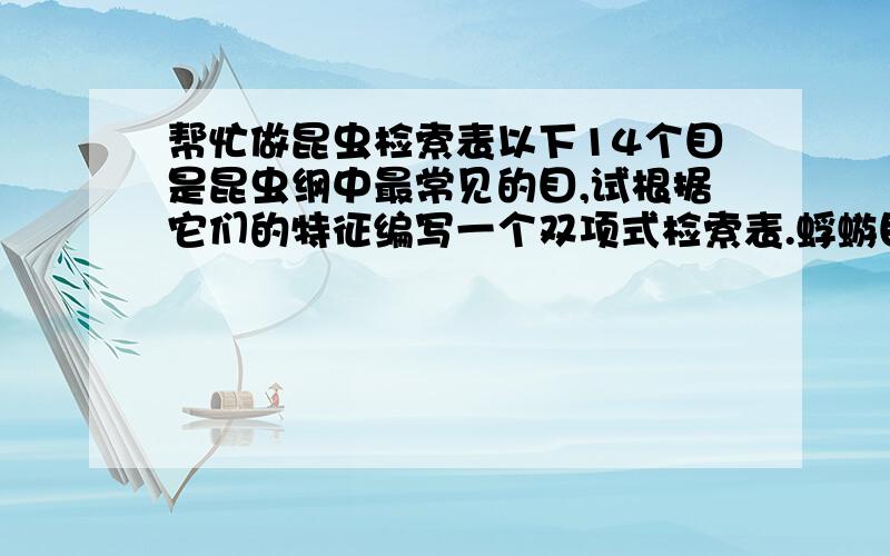 帮忙做昆虫检索表以下14个目是昆虫纲中最常见的目,试根据它们的特征编写一个双项式检索表.蜉蝣目、蜻蜓目、蜚蠊目、螳螂目、竹节虫目、直翅目、同翅目、半翅目、鞘翅目、脉翅目、广