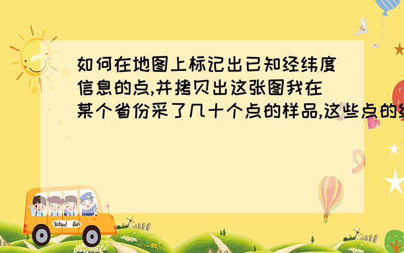 如何在地图上标记出已知经纬度信息的点,并拷贝出这张图我在某个省份采了几十个点的样品,这些点的经纬度信息我有,现在想把这些点标记在这省的地图上.还必须得拷贝出来这张图,有没有