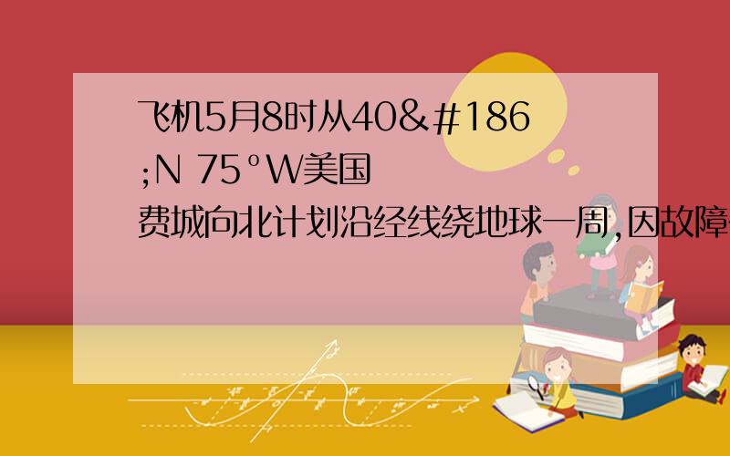 飞机5月8时从40ºN 75ºW美国费城向北计划沿经线绕地球一周,因故障在我国四川某地降落,该地纬度飞机速度为1110Km1 飞机( )小时·2 降落时北京时间( )月( )日(· ) 时3 沿途所经过的国家（ )(