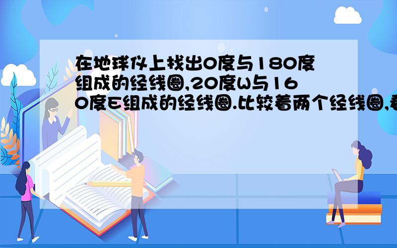 在地球仪上找出0度与180度组成的经线圈,20度W与160度E组成的经线圈.比较着两个经线圈,看哪个穿过的陆地少.说说图1.11所示东西半球是按哪一个经线圈划分的.