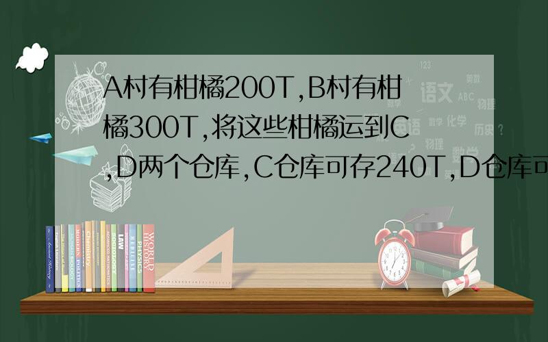 A村有柑橘200T,B村有柑橘300T,将这些柑橘运到C,D两个仓库,C仓库可存240T,D仓库可存260T,从A村运往C,D的运费分别为每吨20元和25元,B村运往C,D两处的运费分别为每吨15元和18元,设从A村运往C仓库的柑