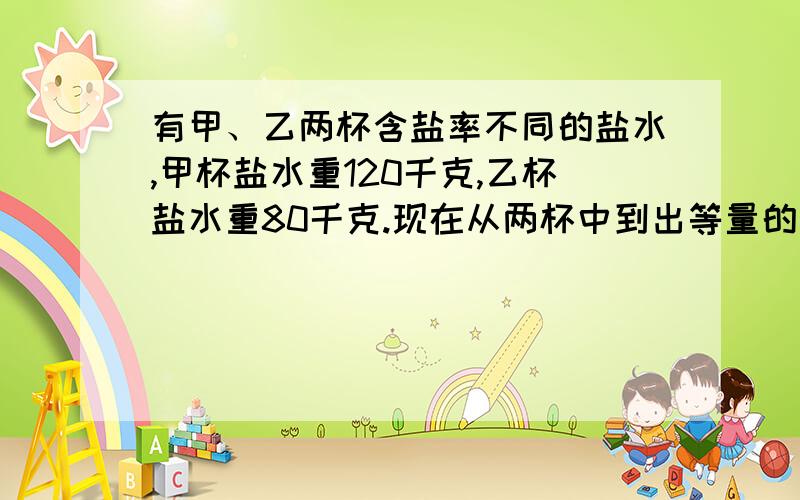 有甲、乙两杯含盐率不同的盐水,甲杯盐水重120千克,乙杯盐水重80千克.现在从两杯中到出等量的盐水,分别交换倒入两杯中.这时两杯新盐水的含盐率相同.从每杯中到出的盐水是多少千克?