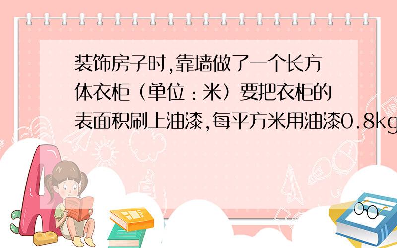 装饰房子时,靠墙做了一个长方体衣柜（单位：米）要把衣柜的表面积刷上油漆,每平方米用油漆0.8kg,需要油漆多少?长是1.6米,宽是0.5米,高是2米.