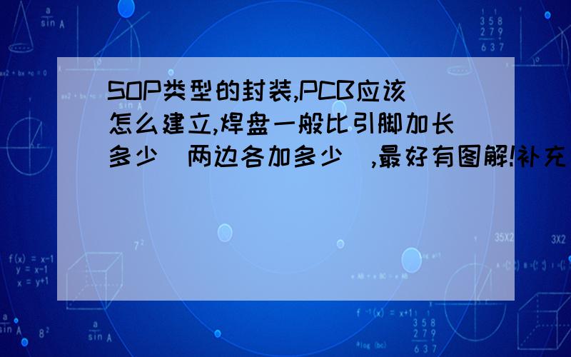 SOP类型的封装,PCB应该怎么建立,焊盘一般比引脚加长多少（两边各加多少）,最好有图解!补充说明下，设引脚接触部分长度为L1，总的实物引脚长度为L，那么焊盘和L1或L的长度和位置（即两边