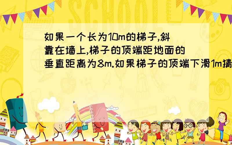 如果一个长为10m的梯子,斜靠在墙上,梯子的顶端距地面的垂直距离为8m.如果梯子的顶端下滑1m猜测低端滑动距离是否会超过1m,并加以说明.利用勾股定理,尽快