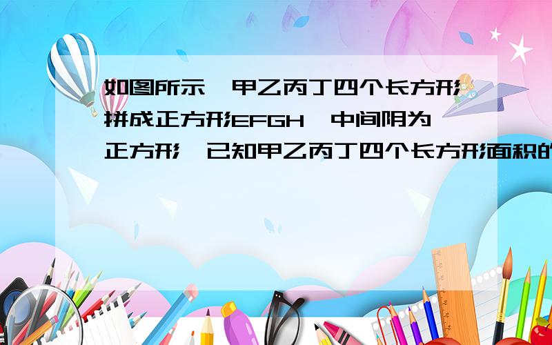 如图所示,甲乙丙丁四个长方形拼成正方形EFGH,中间阴为正方形,已知甲乙丙丁四个长方形面积的和是30CM^2四边形ABCD的面积是20CM^2,则甲乙丙丁四个长方形周长的总和为______CM