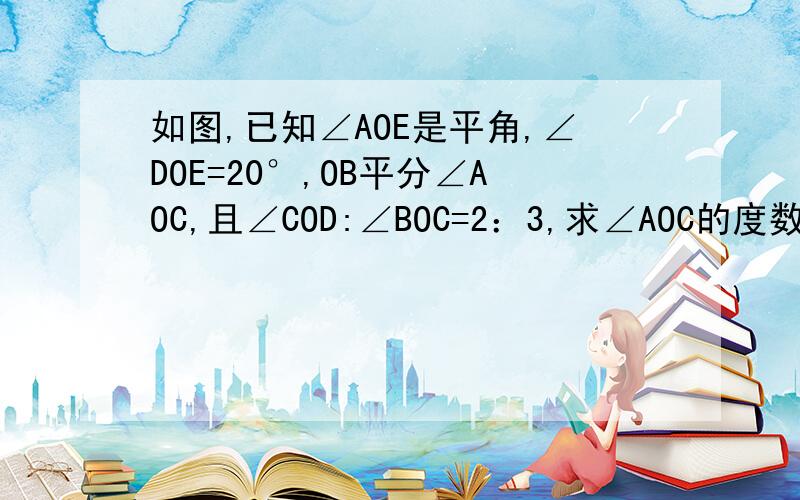 如图,已知∠AOE是平角,∠DOE=20°,OB平分∠AOC,且∠COD:∠BOC=2：3,求∠AOC的度数