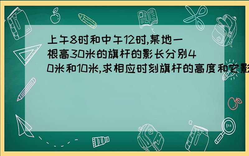 上午8时和中午12时,某地一根高30米的旗杆的影长分别40米和10米,求相应时刻旗杆的高度和它影长的比.