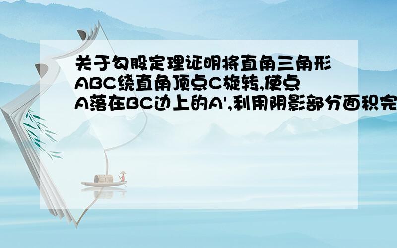 关于勾股定理证明将直角三角形ABC绕直角顶点C旋转,使点A落在BC边上的A',利用阴影部分面积完成勾股定理的证明.角ACB=90度,BC=a,AC=b,AB=c;求证:a平方+b平方=c平方.