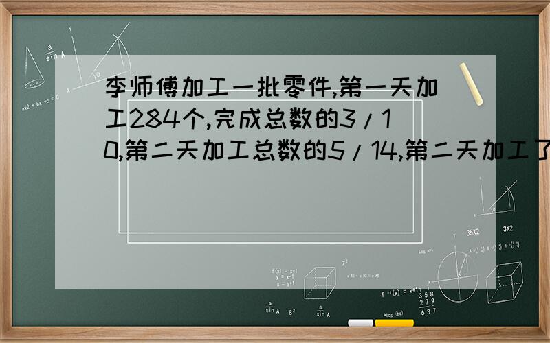 李师傅加工一批零件,第一天加工284个,完成总数的3/10,第二天加工总数的5/14,第二天加工了几个零件?如题.于是3Q.话说lamMVP5、我爸爸也说除不开?-0-