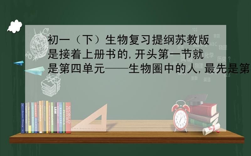 初一（下）生物复习提纲苏教版是接着上册书的,开头第一节就是第四单元——生物圈中的人,最先是第8章——人的生殖和发育,最后是第13章——人是生物圈中的一员不要下载的，要现成的 也