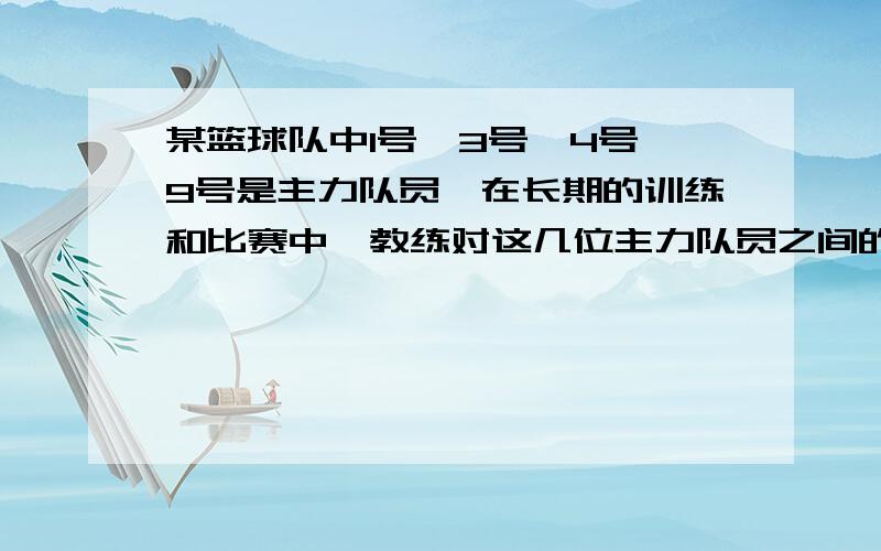 某篮球队中1号、3号、4号、9号是主力队员,在长期的训练和比赛中,教练对这几位主力队员之间的最佳配合是：(1)1号和3号必须同时上场；(2)如果3号上场,那么4号不上场；(3)如果4号不上场,那么