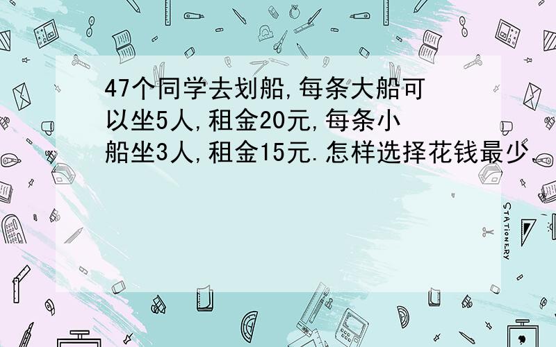 47个同学去划船,每条大船可以坐5人,租金20元,每条小船坐3人,租金15元.怎样选择花钱最少.