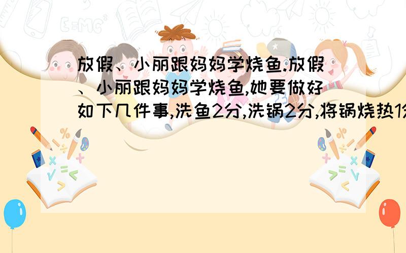 放假、小丽跟妈妈学烧鱼.放假、小丽跟妈妈学烧鱼,她要做好如下几件事,洗鱼2分,洗锅2分,将锅烧热1分,把油烧热1分,问小丽烧鱼至少要用多少分钟?说说你是怎么安排的?