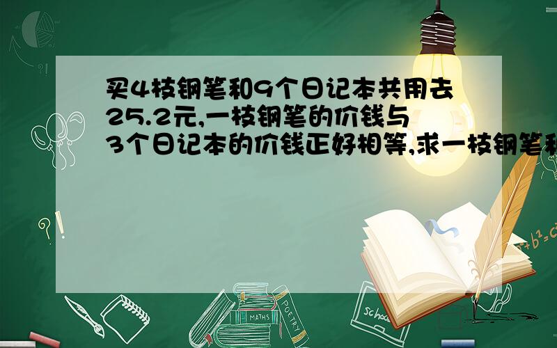 买4枝钢笔和9个日记本共用去25.2元,一枝钢笔的价钱与3个日记本的价钱正好相等,求一枝钢笔和一个笔记本各