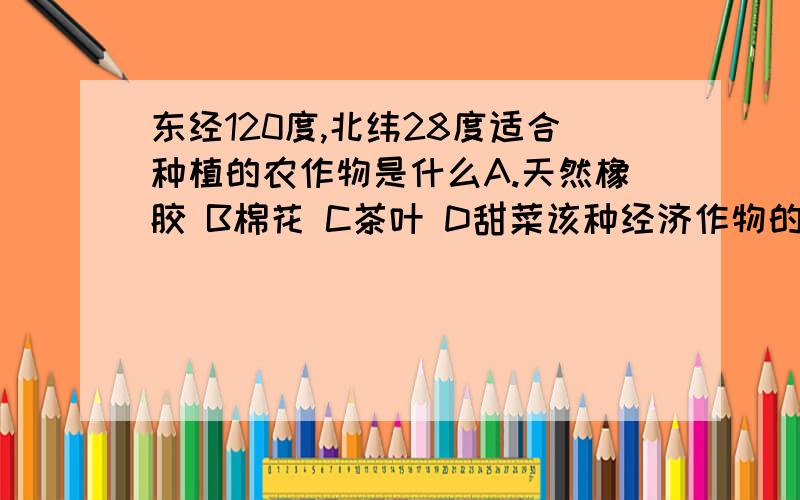 东经120度,北纬28度适合种植的农作物是什么A.天然橡胶 B棉花 C茶叶 D甜菜该种经济作物的主导位条件是 A 地形 B热量 C水源 D土壤