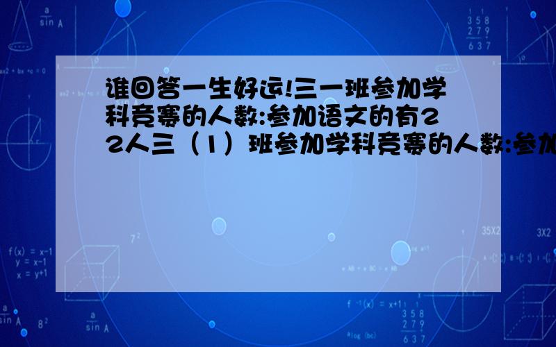 谁回答一生好运!三一班参加学科竞赛的人数:参加语文的有22人三（1）班参加学科竞赛的人数:参加语文的有22人,参加数学的有16人,两项都参加的有7人.请问：参加语文的有几人?参加数学的有