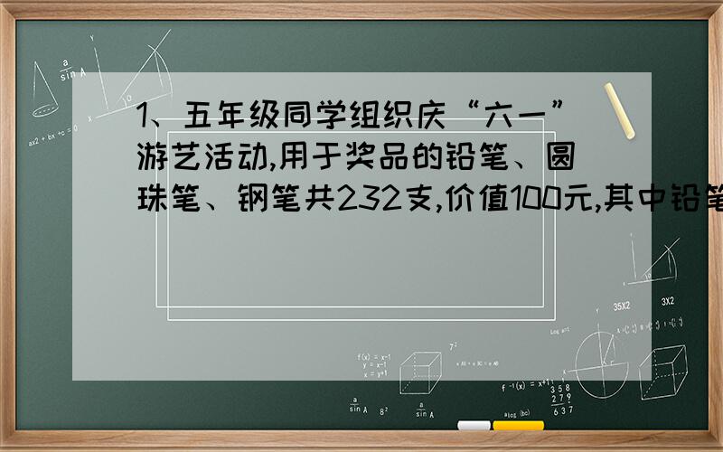 1、五年级同学组织庆“六一”游艺活动,用于奖品的铅笔、圆珠笔、钢笔共232支,价值100元,其中铅笔的数量是圆珠笔的4倍,已知每支铅笔0.2元,每只圆珠笔0.9元,每支钢笔2.1元,问买来钢笔多少支?