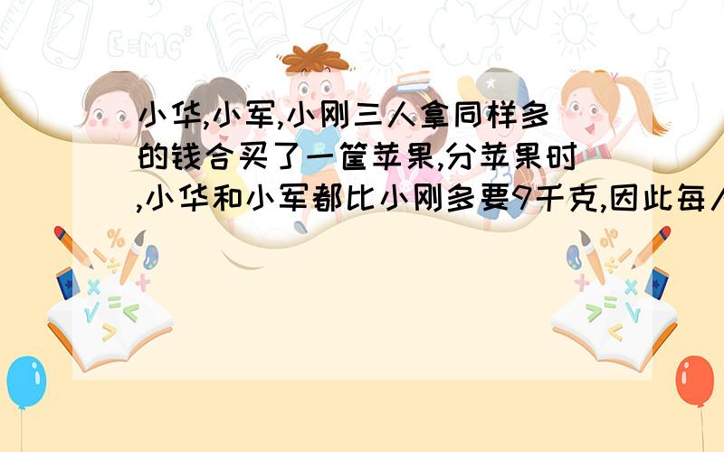 小华,小军,小刚三人拿同样多的钱合买了一筐苹果,分苹果时,小华和小军都比小刚多要9千克,因此每人要给小刚6元,问每千克苹果多少元?