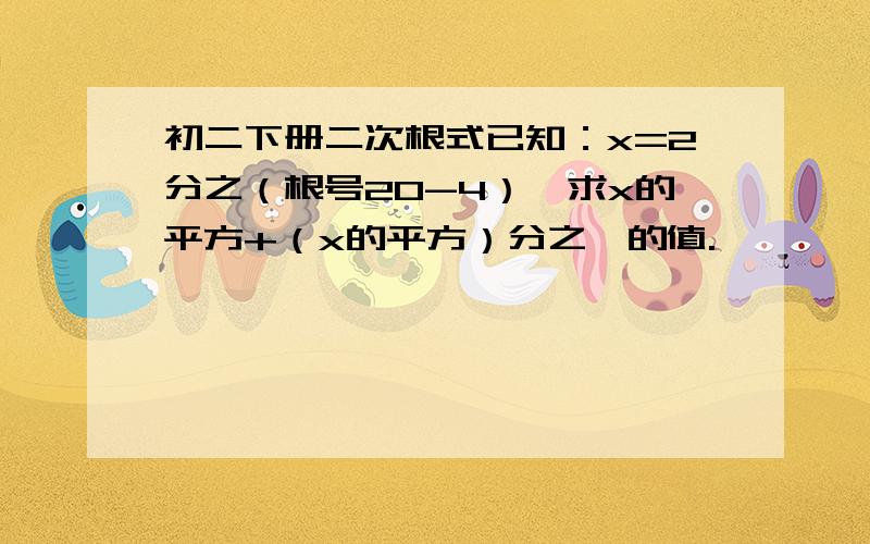 初二下册二次根式已知：x=2分之（根号20-4）,求x的平方+（x的平方）分之一的值.