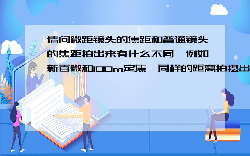 请问微距镜头的焦距和普通镜头的焦距拍出来有什么不同,例如新百微和100m定焦,同样的距离拍摄出来的照片物体所占画面的比例是不是不一样,和拍摄距离有关吗,0.3m时候百微是1:1,100定无法对