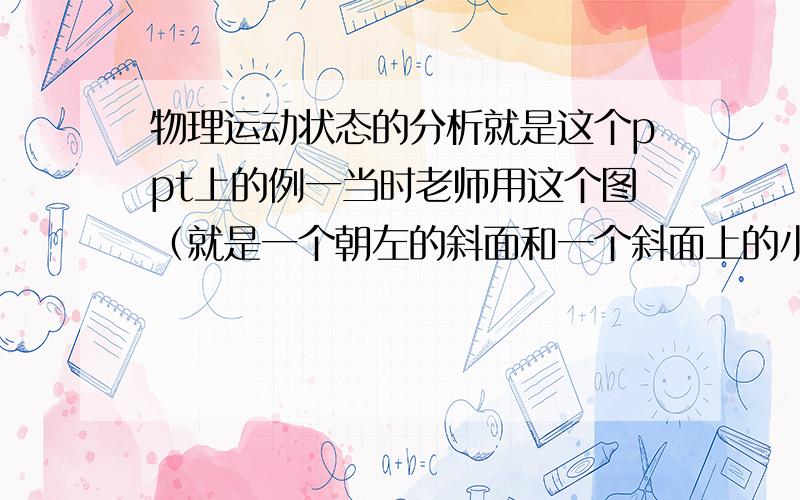 物理运动状态的分析就是这个ppt上的例一当时老师用这个图（就是一个朝左的斜面和一个斜面上的小物块）讲了当斜面有向左或向右的加速度时带着滑块的受力状况和最后的临界状态记得当