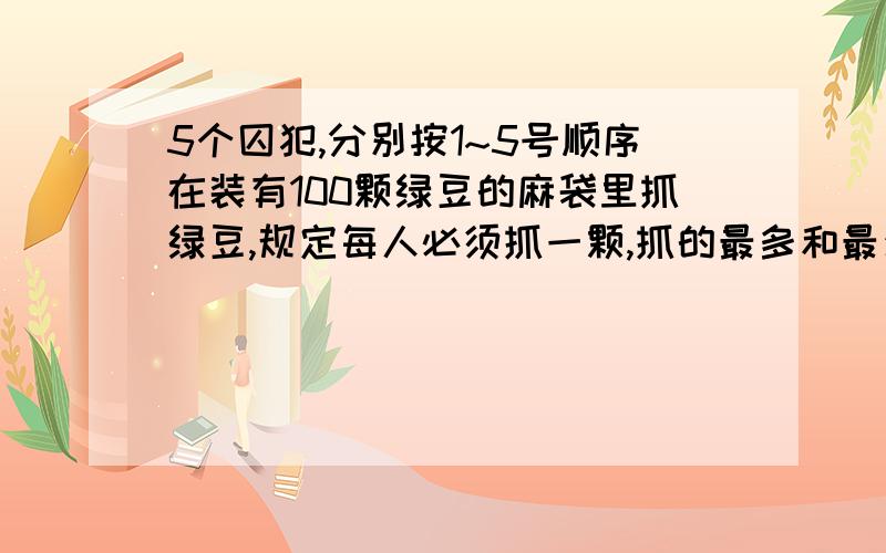 5个囚犯,分别按1~5号顺序在装有100颗绿豆的麻袋里抓绿豆,规定每人必须抓一颗,抓的最多和最少的人都会被ni dong d