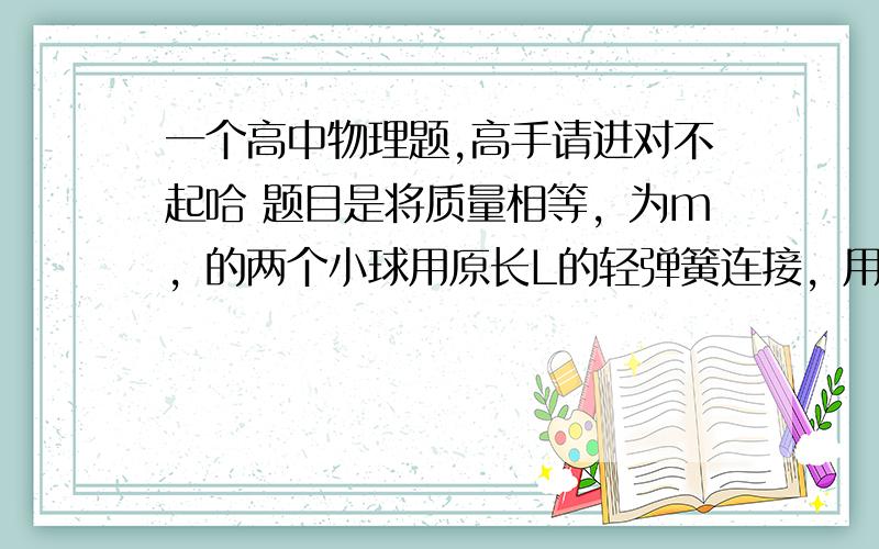 一个高中物理题,高手请进对不起哈 题目是将质量相等，为m，的两个小球用原长L的轻弹簧连接，用轻绳子悬挂A球在天花板上，B求自由下垂，两球静止，弹簧长为L1,某刻将绳子烧断，求之后