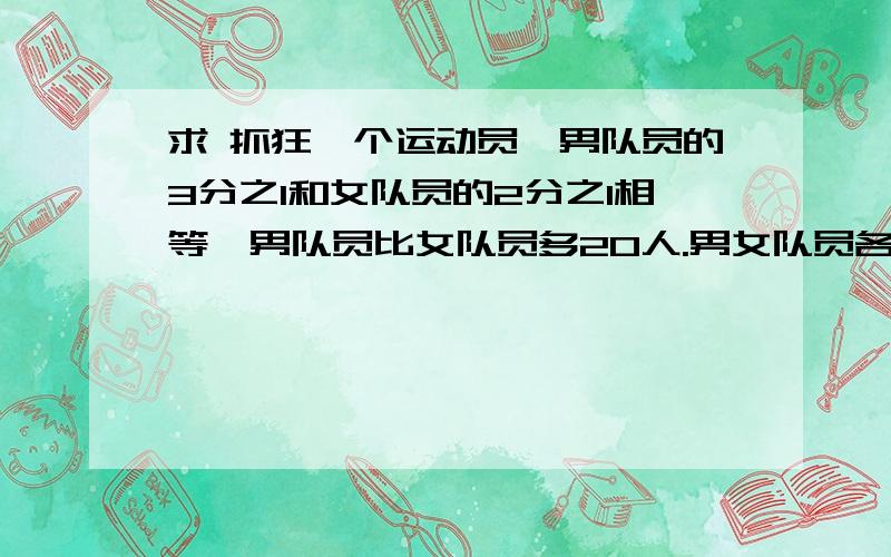 求 抓狂一个运动员,男队员的3分之1和女队员的2分之1相等,男队员比女队员多20人.男女队员各有多少人?求求你们啊