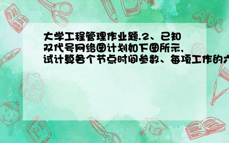 大学工程管理作业题.2、已知双代号网络图计划如下图所示,试计算各个节点时间参数、每项工作的六个时间参数,计算工期,并用双箭线标注关键线路.