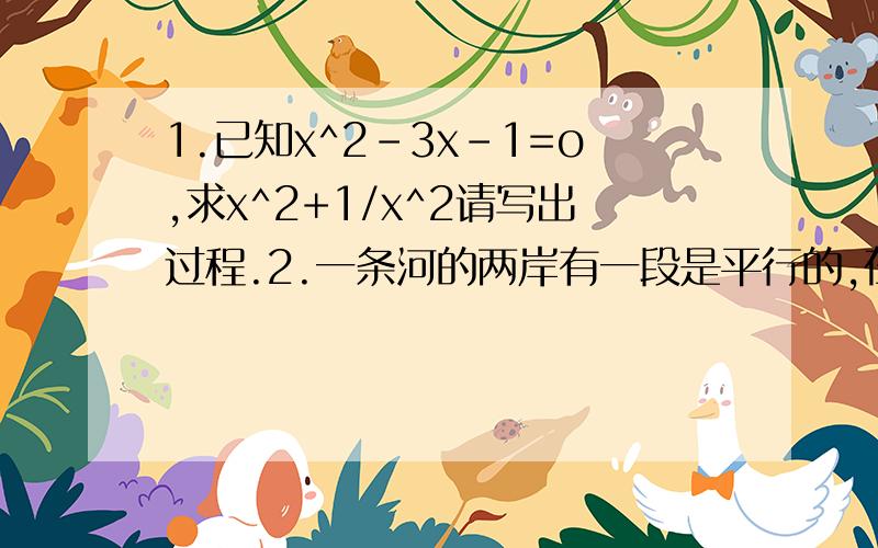 1.已知x^2-3x-1=o,求x^2+1/x^2请写出过程.2.一条河的两岸有一段是平行的,在河的这一岸每隔5米有一棵树,在河的对岸每隔50米有一根电线杆,在离开岸边25米处看河对岸,测得对岸相邻的两根电线杆恰