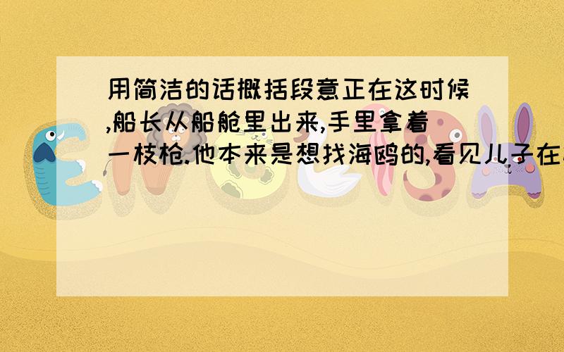 用简洁的话概括段意正在这时候,船长从船舱里出来,手里拿着一枝枪.他本来是想找海鸥的,看见儿子在桅杆顶端的横木上,就立刻瞄准儿子喊：“向海里跳!不跳我就开枪了!”孩子心惊胆战,站