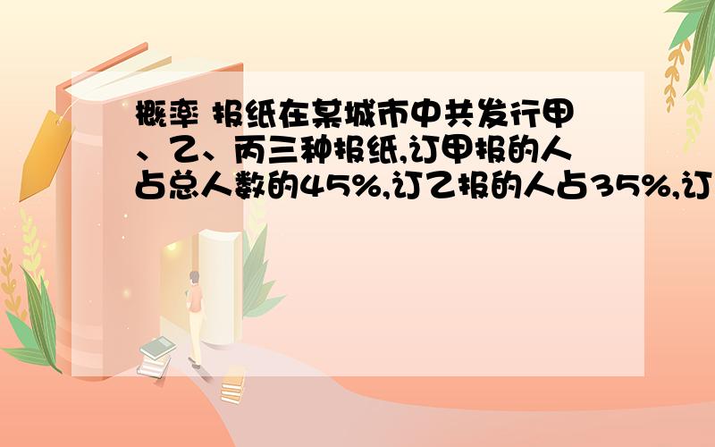 概率 报纸在某城市中共发行甲、乙、丙三种报纸,订甲报的人占总人数的45%,订乙报的人占35%,订丙报的人占30%,同时订甲乙两报的人占10%,同时订甲丙两报的占8%,同时订乙丙两报的占5%,同时订3种