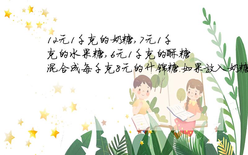 12元1千克的奶糖,7元1千克的水果糖,6元1千克的酥糖混合成每千克8元的什锦糖.如果放入奶糖1千克酥糖1千克,那么还应放入多少千克的水果糖?那么还应放入多少千克的水果糖?