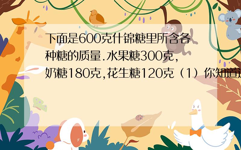 下面是600克什锦糖里所含各种糖的质量.水果糖300克,奶糖180克,花生糖120克（1）你知道这种什锦糖是按怎样的比混合在一起的吗? （2）妈妈买了1000克什锦糖,算一算,这些什锦糖中含水果糖、奶