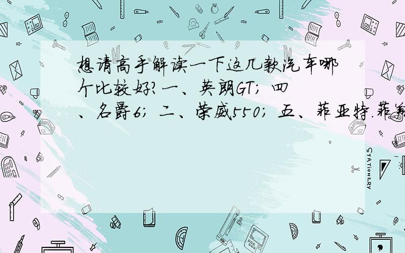 想请高手解读一下这几款汽车哪个比较好?一、英朗GT； 四、名爵6； 二、荣威550； 五、菲亚特.菲翔； 三、雷诺风朗； 本人主要想买10万多点的轿车.