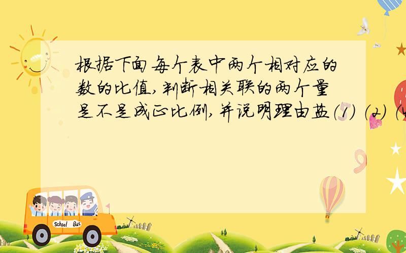 根据下面每个表中两个相对应的数的比值,判断相关联的两个量是不是成正比例,并说明理由盐（1） （2） （4） （7）盐水（9） （18） （36） （63）理由：圆的半径（1） （2） （3） （4）圆